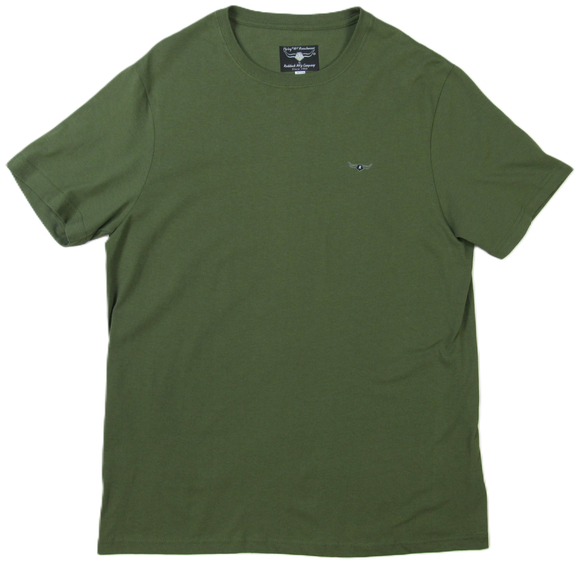 Olive green t-shirt with a small logo on a white background by Ruddock Shirts Made in USA El Paso TX