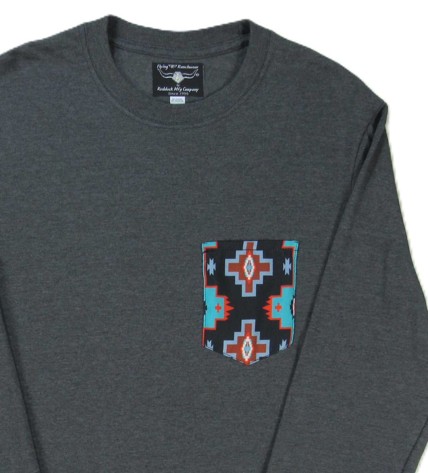Flying R Ranchwear - Gray Heather with Southwest Print - Long Sleeve - Pocket T-shirt - Made in USA