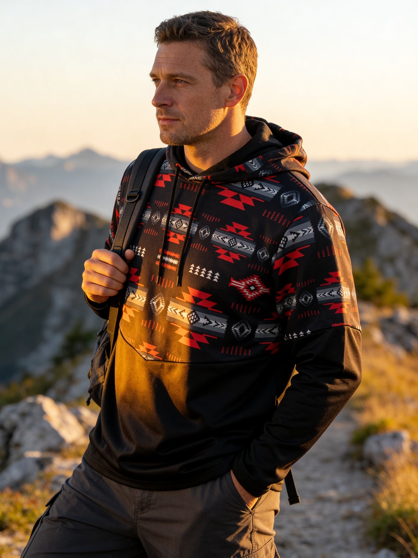 Man wearing a patterned hoodie with mountains in the background