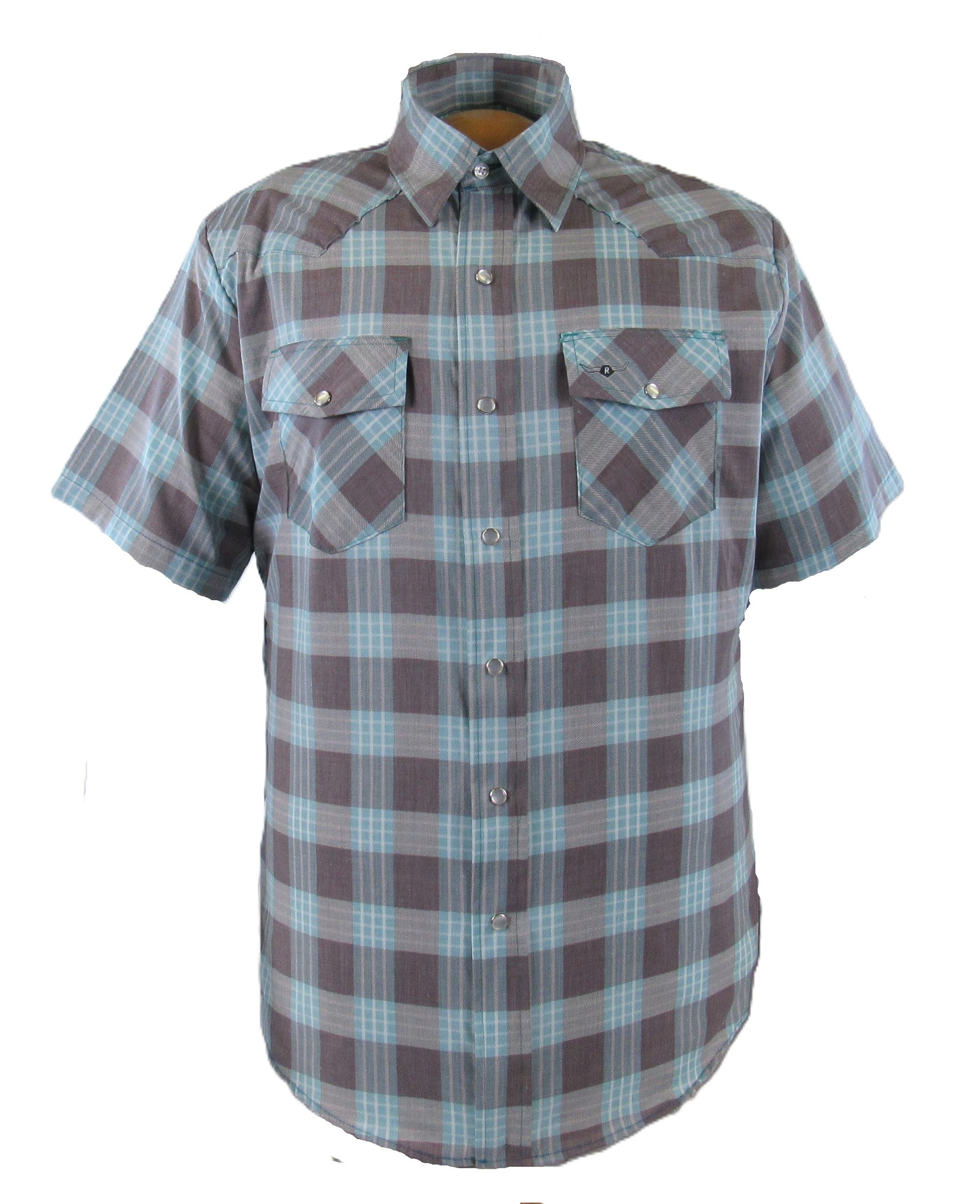 Plaid short-sleeve shirt with two front pockets on a white background Made in USA by Ruddock Shirts
