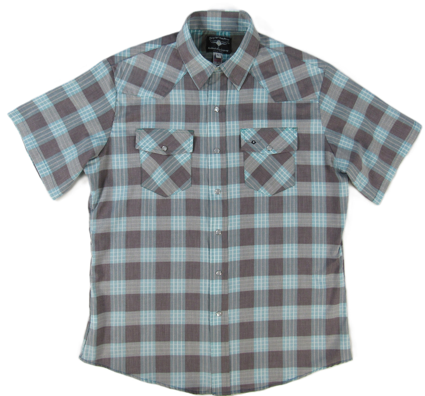 Plaid short-sleeve shirt with two front pockets on a white background Made in USA by Ruddock Shirts