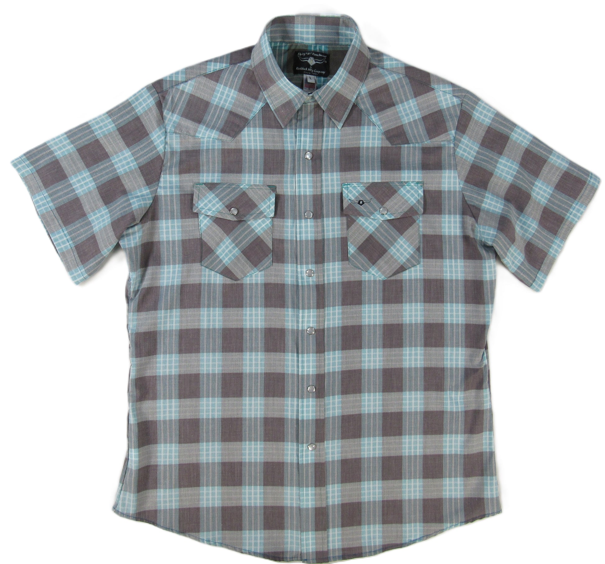 Plaid short-sleeve shirt with two front pockets on a white background Made in USA by Ruddock Shirts