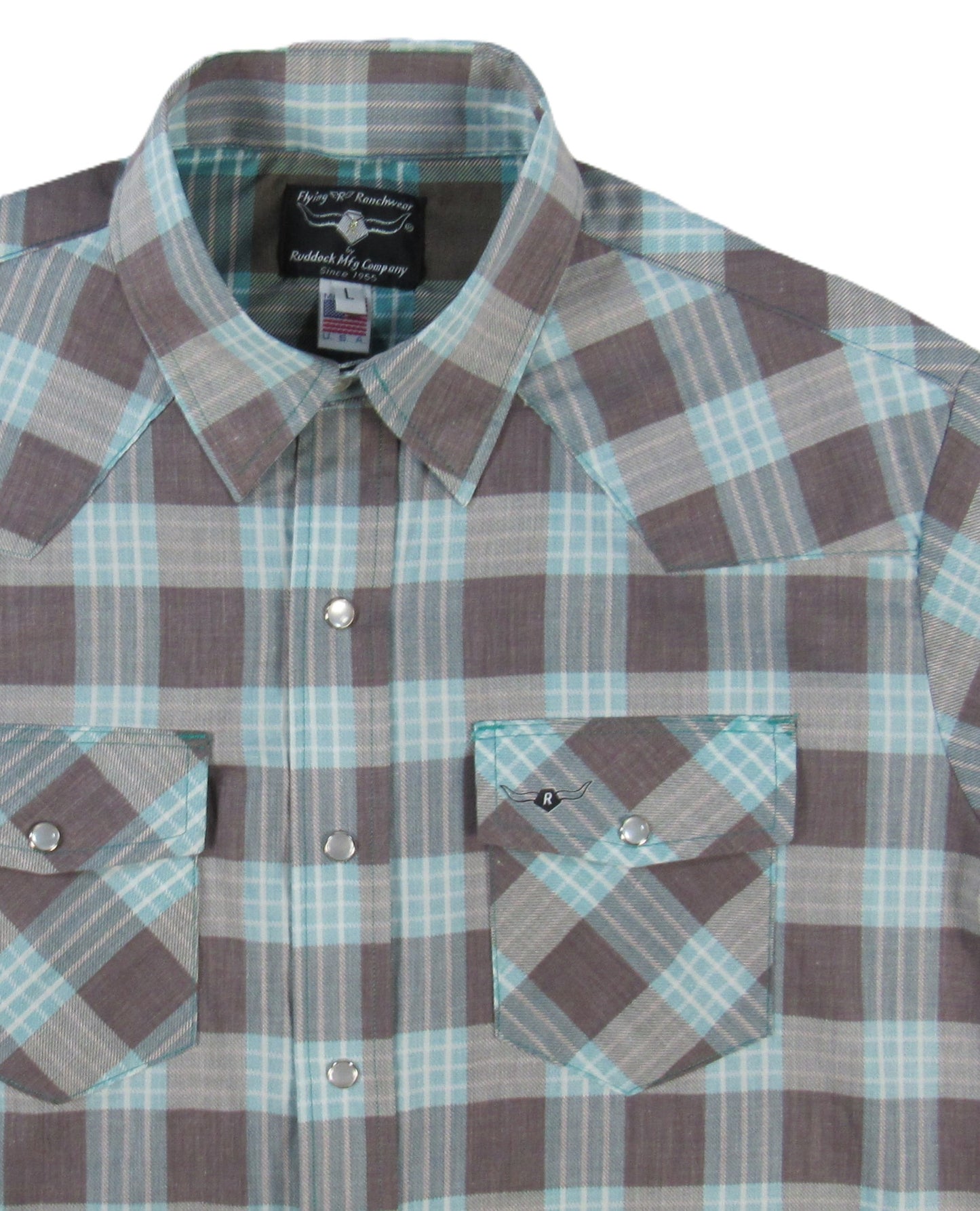 Plaid short-sleeve shirt with two front pockets on a white background Made in USA by Ruddock Shirts