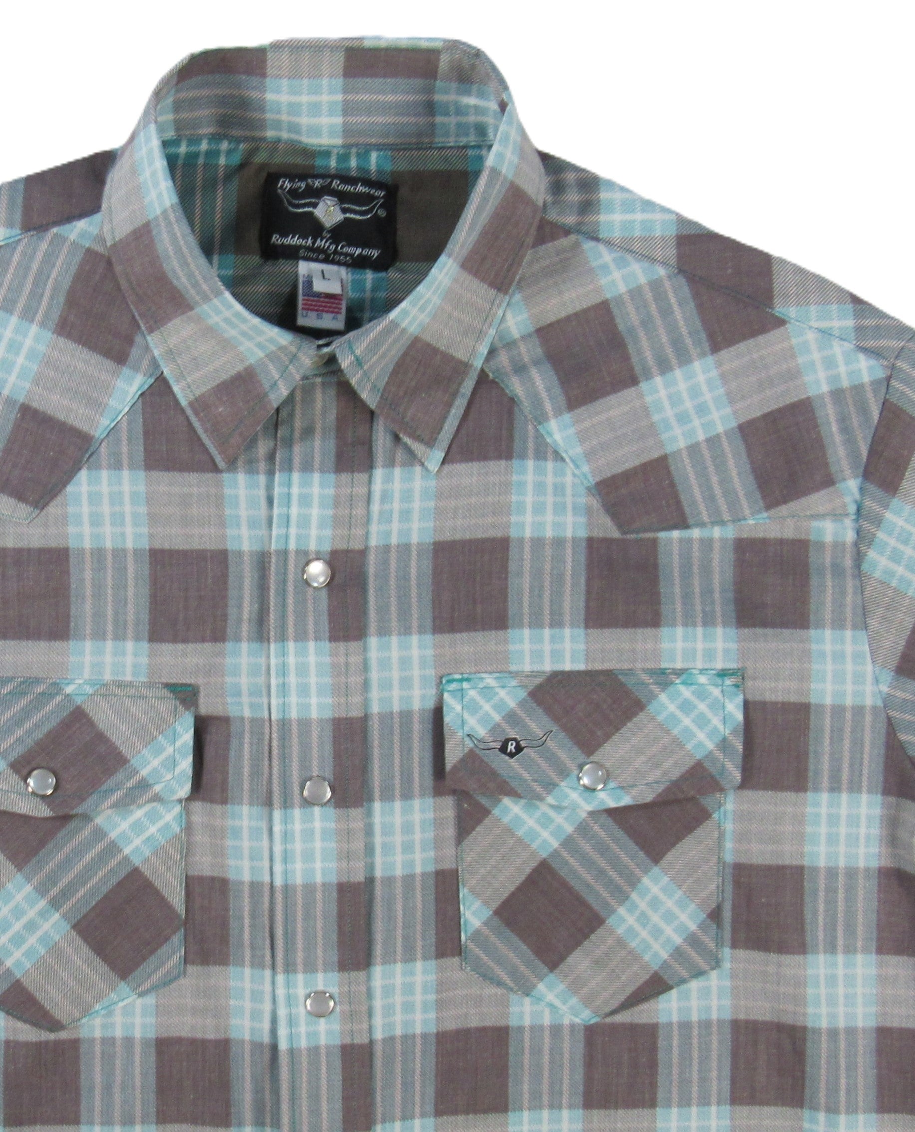Plaid short-sleeve shirt with two front pockets on a white background Made in USA by Ruddock Shirts