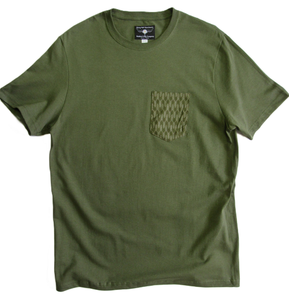 Safari Green with Aztec Tonal Print - Pocket T-shirt - Made in USA