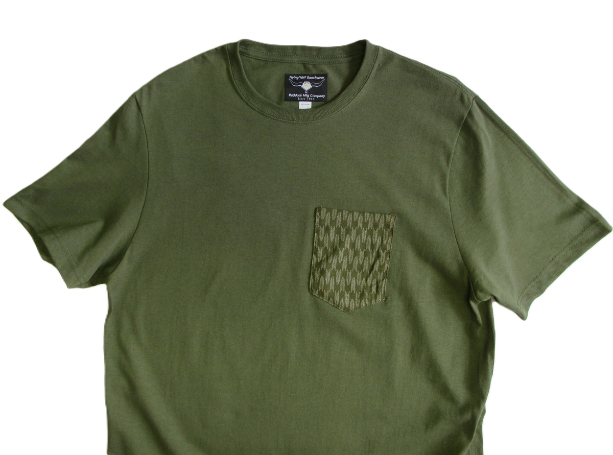 Safari Green with Aztec Tonal Print - Pocket T-shirt - Made in USA