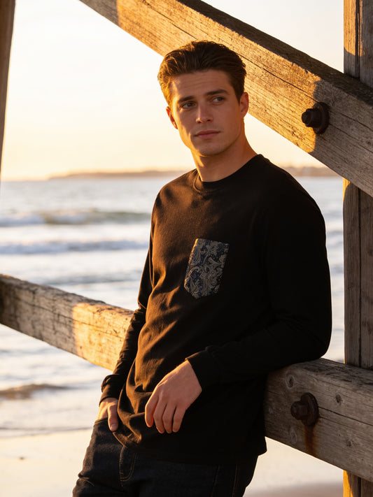 Flying R Ranchwear - Black with Paisley Print - Long Sleeve - Pocket T-shirt - Made in USA