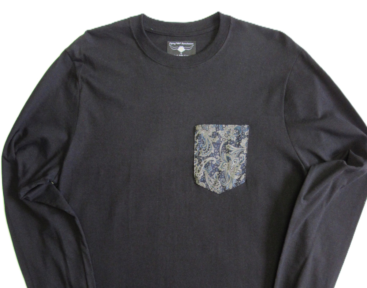 Flying R Ranchwear - Black with Paisley Print - Long Sleeve - Pocket T-shirt - Made in USA