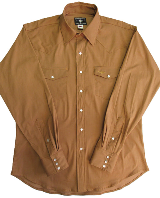 Brown canvas western long-sleeve, American Made snap shirt. Made by Ruddock Shirts in El Paso, Texas, Made in USA Flying R Ranchwear since 1955