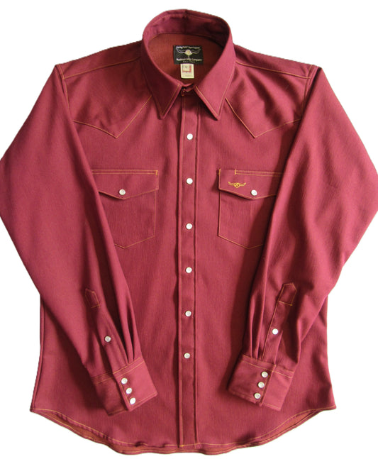 burgundy canvas western long-sleeve, American Made snap shirt. Made by Ruddock Shirts in El Paso, Texas, Made in USA Flying R Ranchwear since 1955