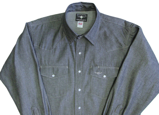 blue denim western long-sleeve, American Made snap shirt. Made by Ruddock Shirts in El Paso, Texas, Made in USA Flying R Ranchwear since 1955