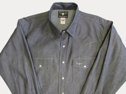 Black denim western long-sleeve, American Made snap shirt. Made by Ruddock Shirts in El Paso, Texas, Made in USA Flying R Ranchwear since 1955