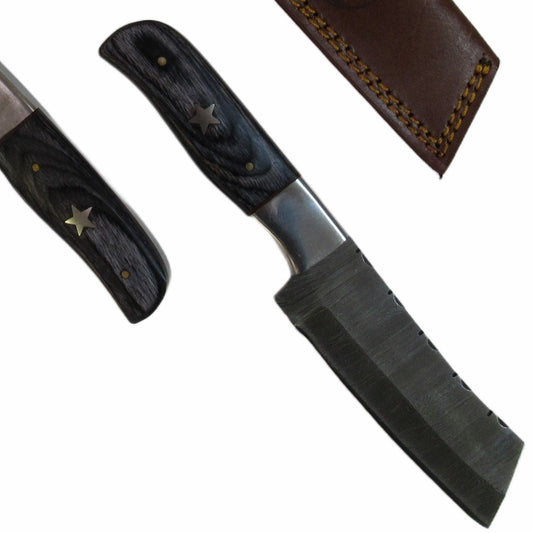 skinner knife with bull blade in Damascus steel and black hardwood handle by Ruddock Bros El Paso Texas