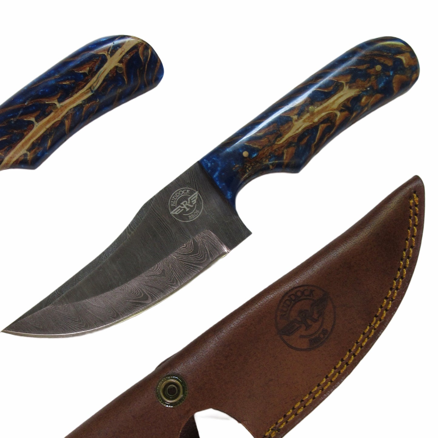 conifer inspired hunting knife with resin handle and Damascus steel blade by Ruddock Bros El Paso Texas