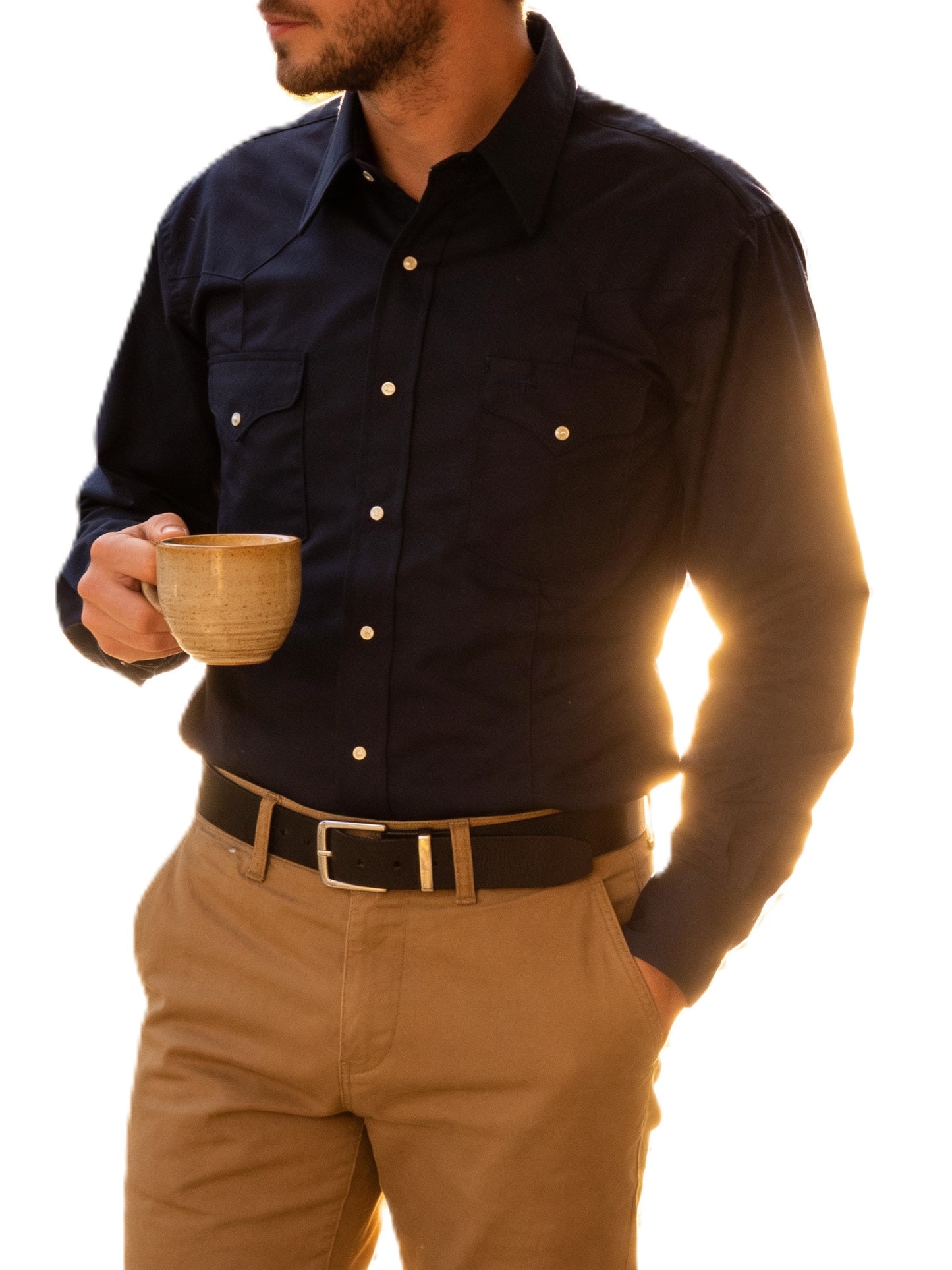 Flying R Ranchwear Navy Rancher Crease Made in USA with snaps by Ruddock Shirts
