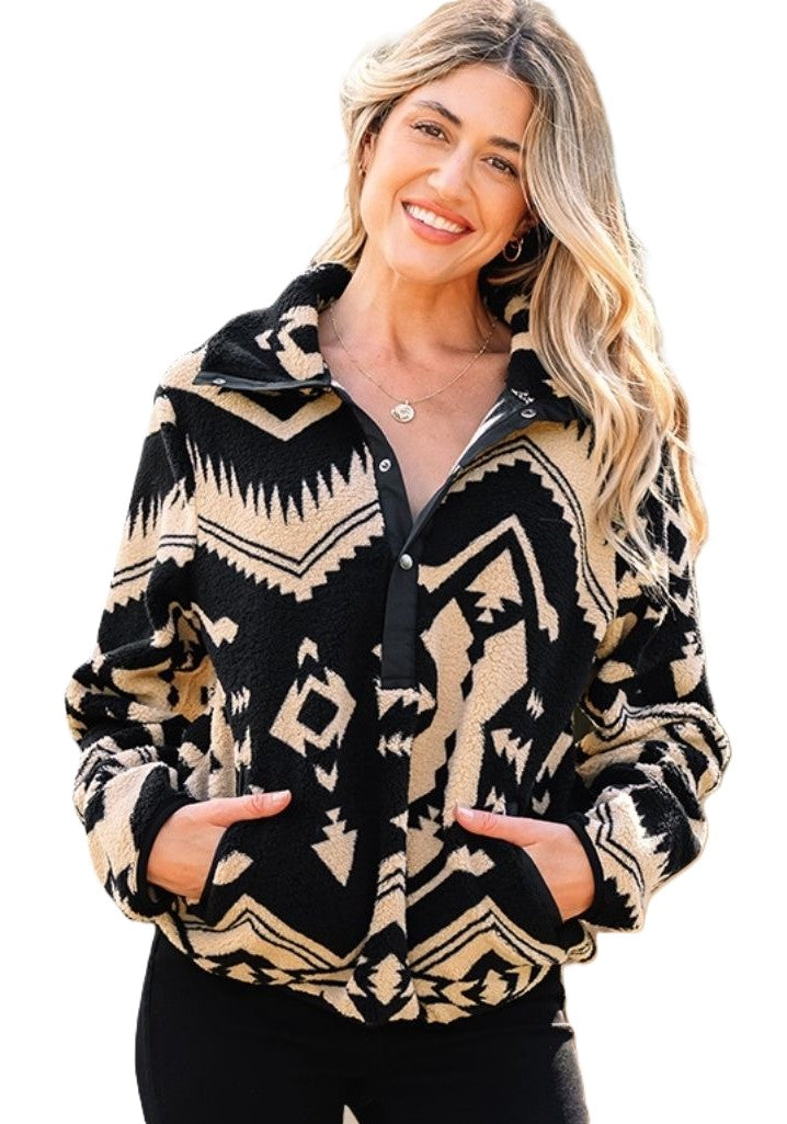 Flying R Ranchwear - Women's Southwest Sherpa ~ 1/4 Snap Popover ~ Black