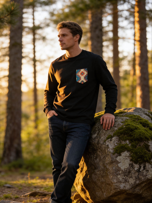 Flying R Ranchwear - Black with Southwest Print - Long Sleeve - Pocket T-shirt - Made in USA