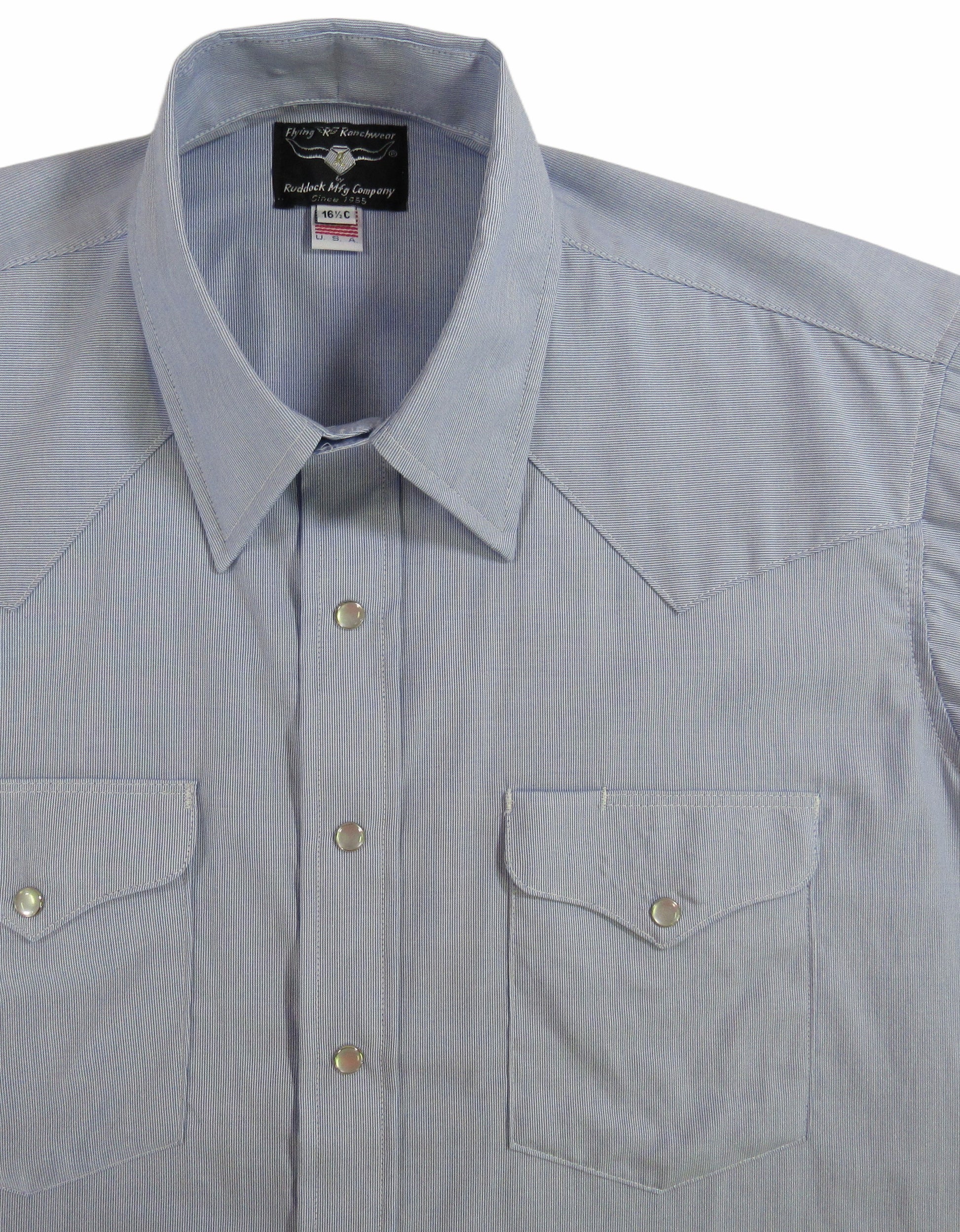 Blue and White Micro Stripe shirt by Flying R Ranchwear Made in USA with snaps Ruddock Shirts