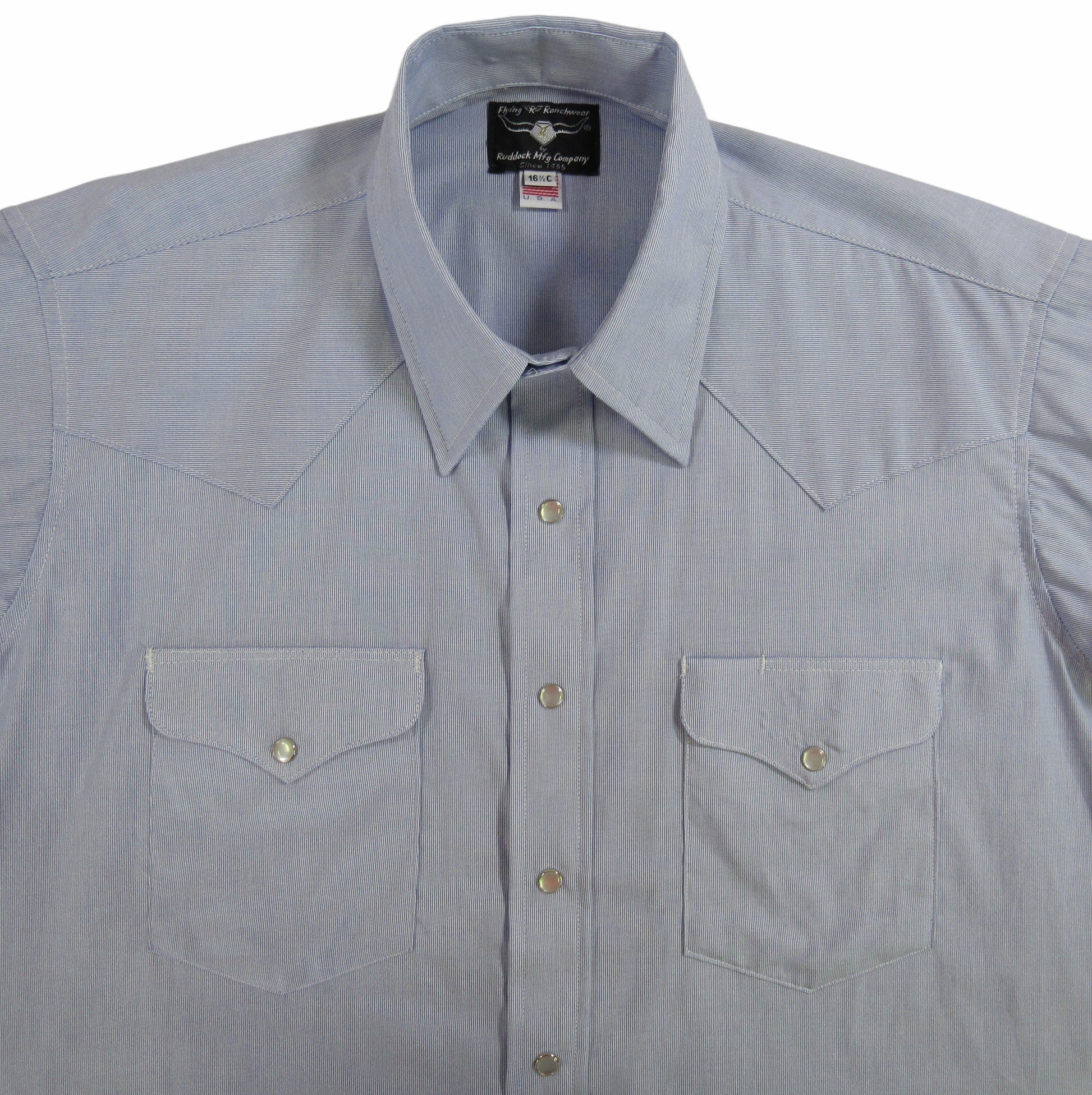 Blue and White Micro Stripe shirt by Flying R Ranchwear Made in USA with snaps Ruddock Shirts