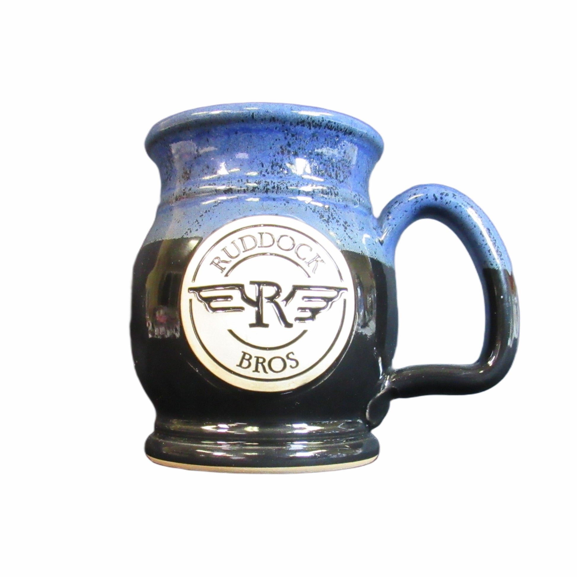 Made in USA stoneware mugs by Ruddock Bros in blue on black 20 oz.