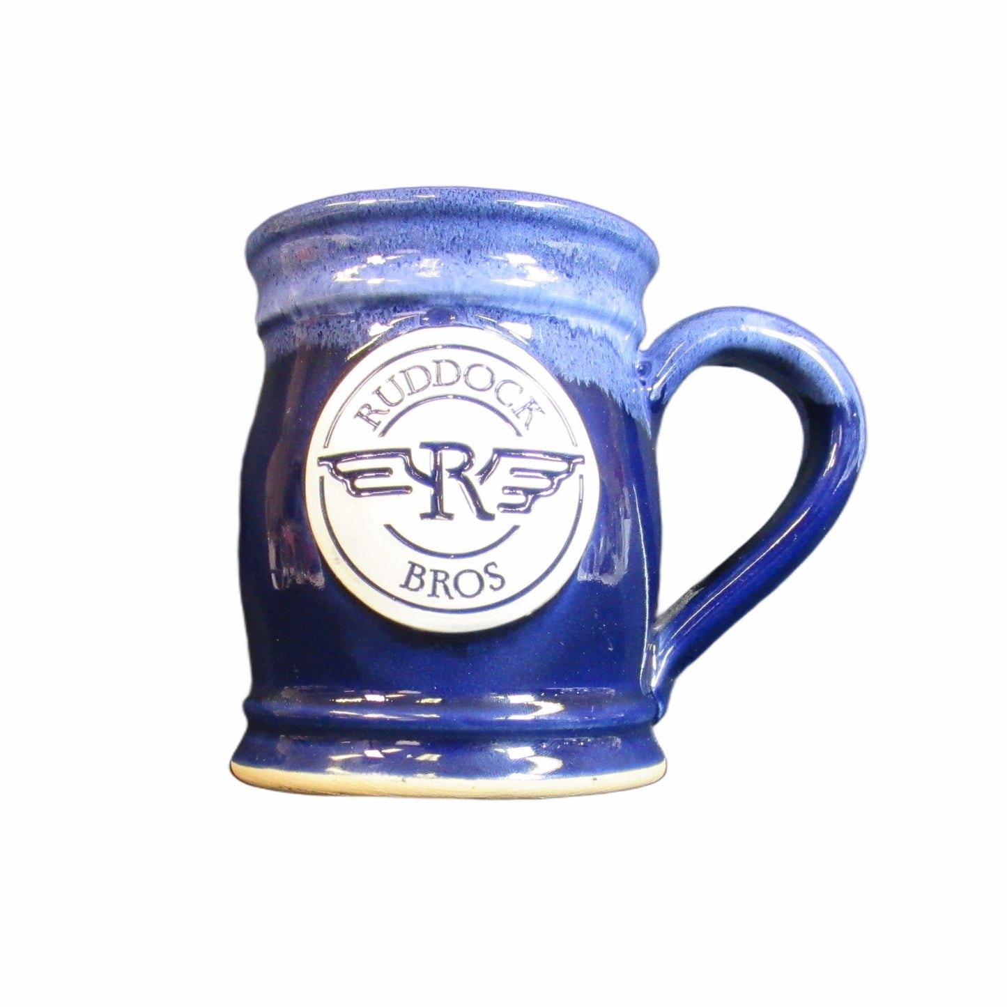 Made in USA stoneware by Ruddock Bros in blue on blue 14 oz.