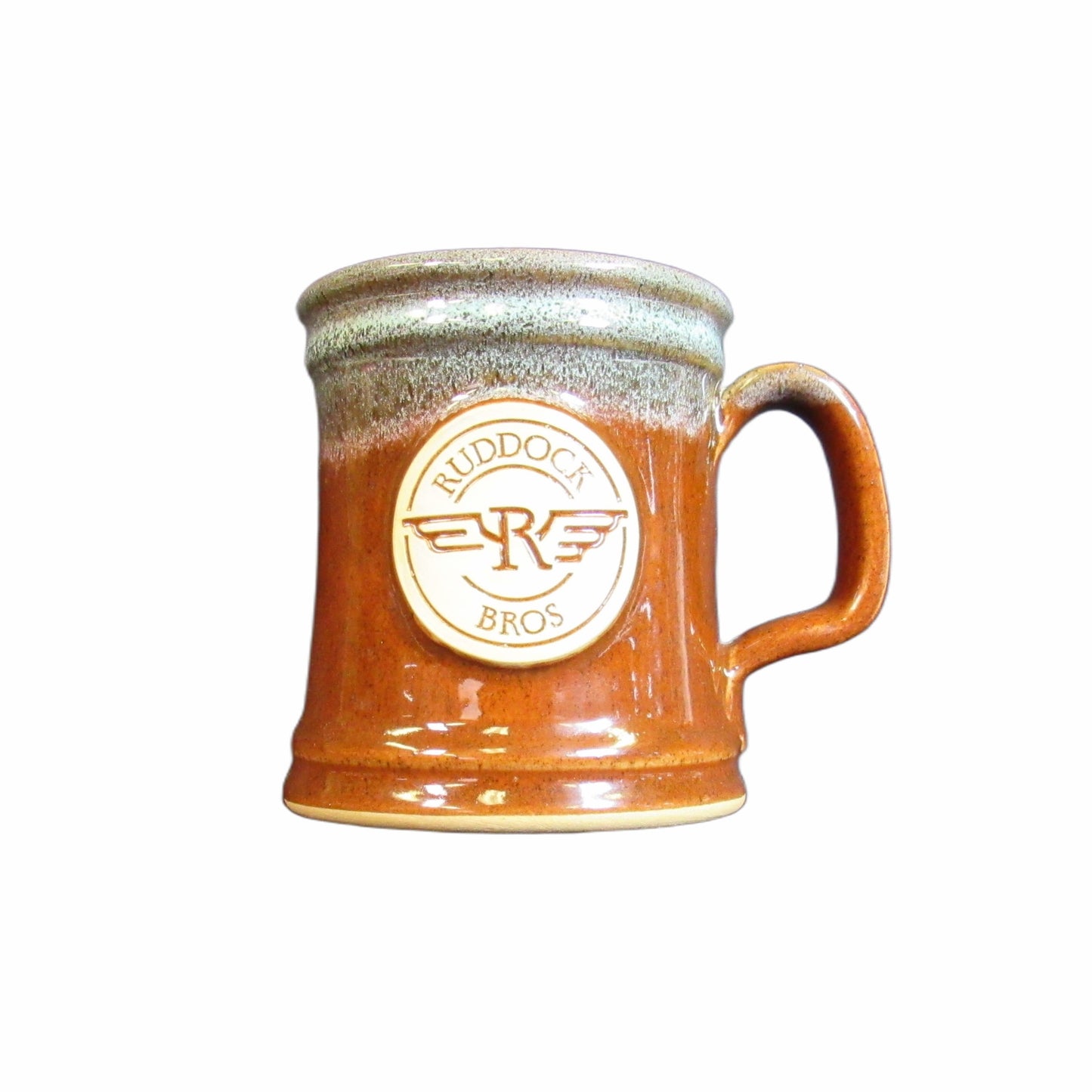 Made in USA stoneware by Ruddock Bros in tan on brown 10 oz.