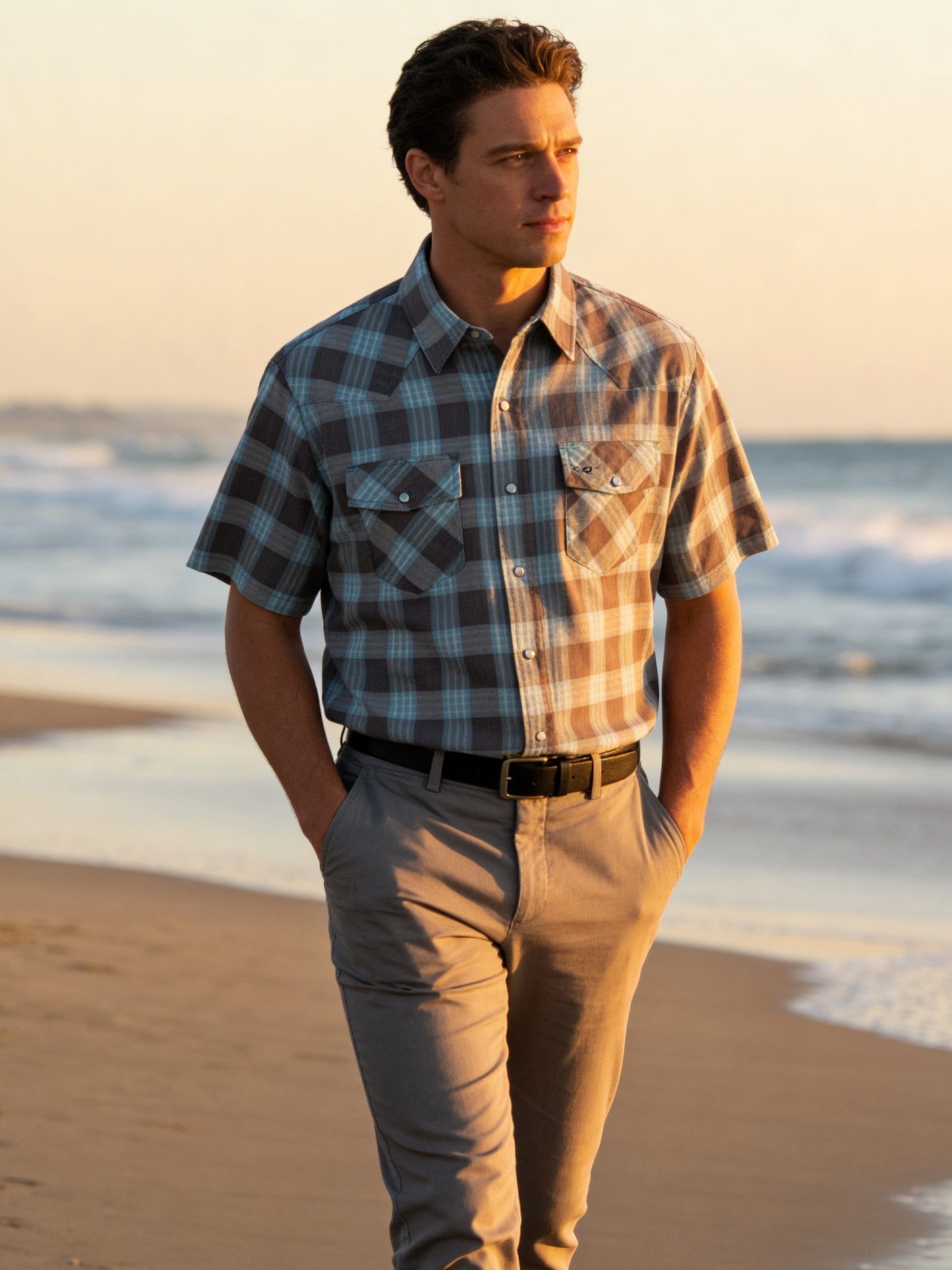 Plaid short-sleeve shirt with two front pockets on a white background Made in USA by Ruddock Shirts