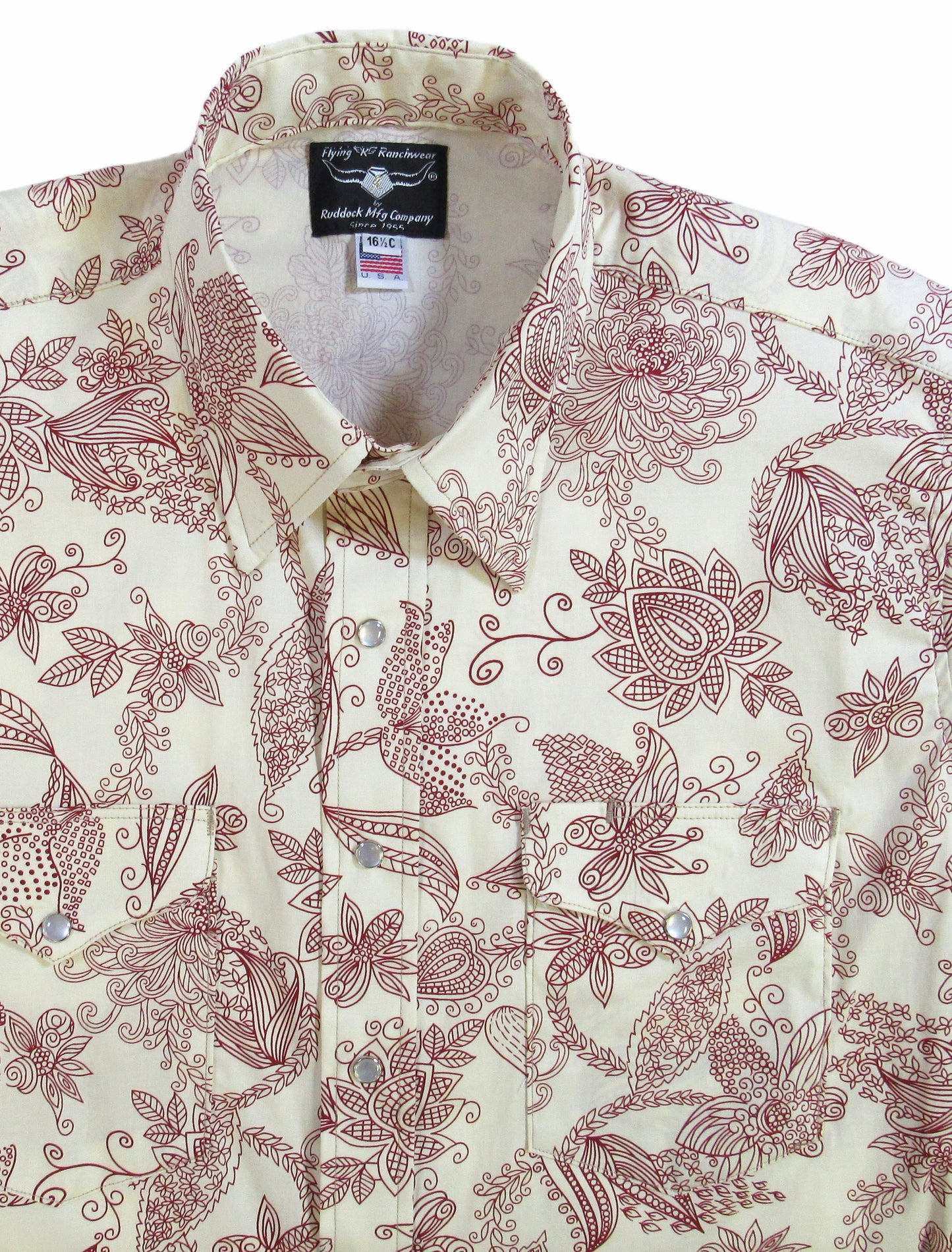 Sangria Floral party shirt by Flying R Ranchwear Made in USA with snaps Ruddock Shirts