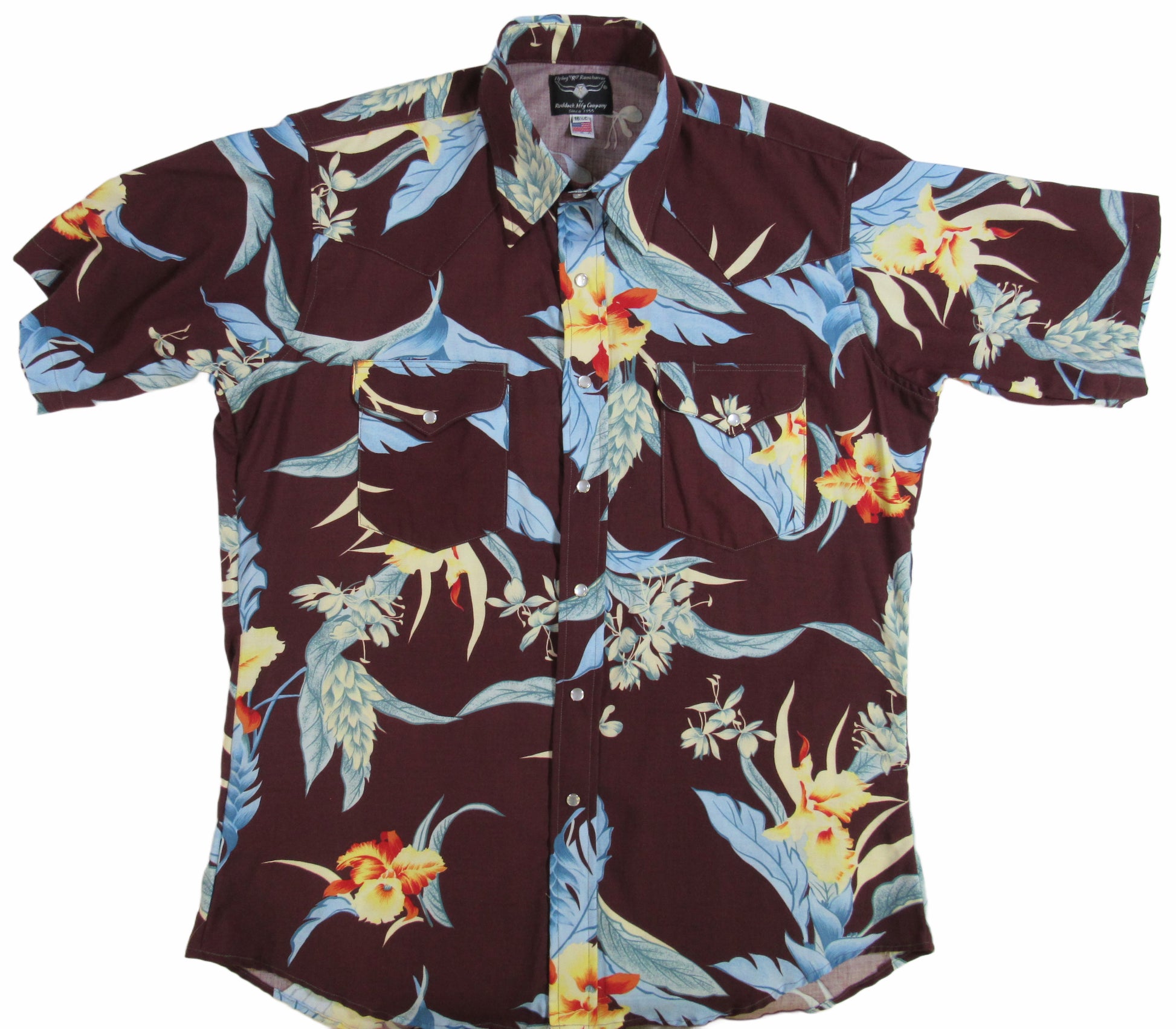 Mahogany Floral party shirt by Flying R Ranchwear Made in USA with snaps Ruddock Shirts