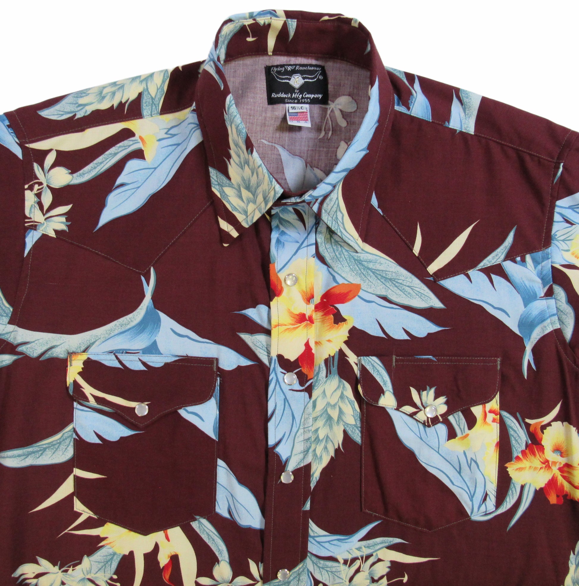 Mahogany Floral party shirt by Flying R Ranchwear Made in USA with snaps Ruddock Shirts