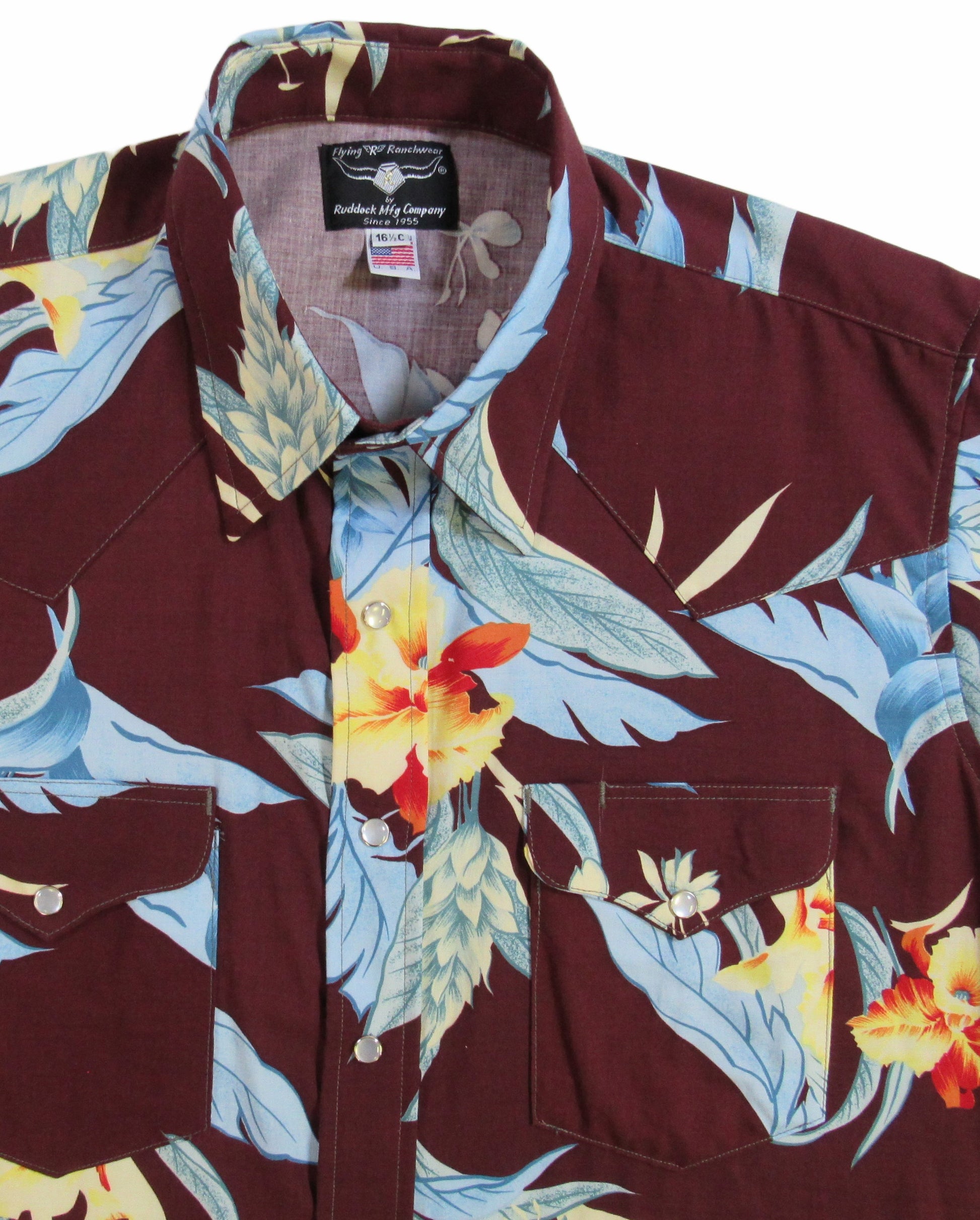 Mahogany Floral party shirt by Flying R Ranchwear Made in USA with snaps Ruddock Shirts