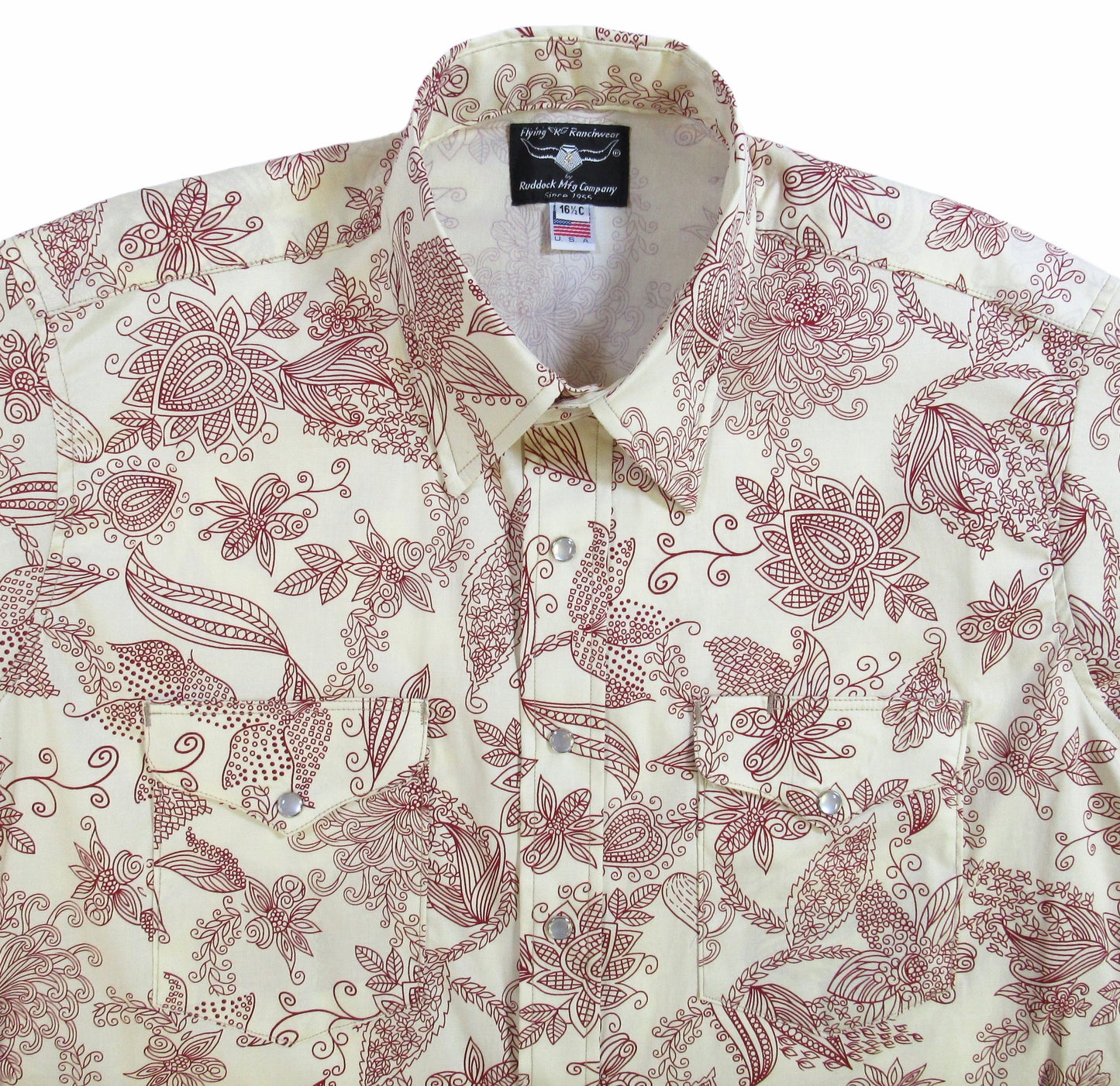 Sangria Floral party shirt by Flying R Ranchwear Made in USA with snaps Ruddock Shirts