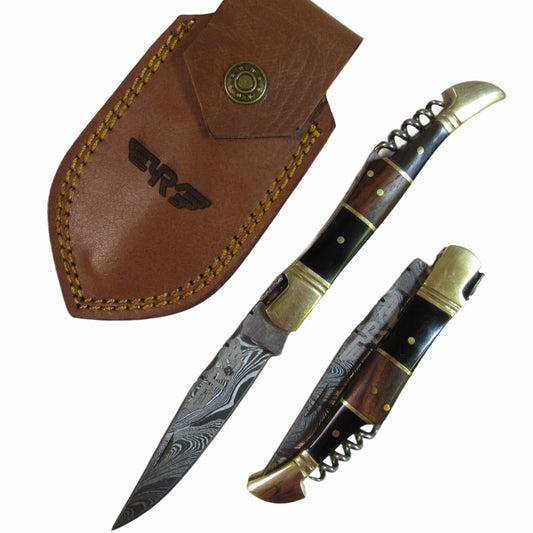 pocket knife by Ruddock Bros with hardwood handle and corkscrew Damascus steel El Paso Texas