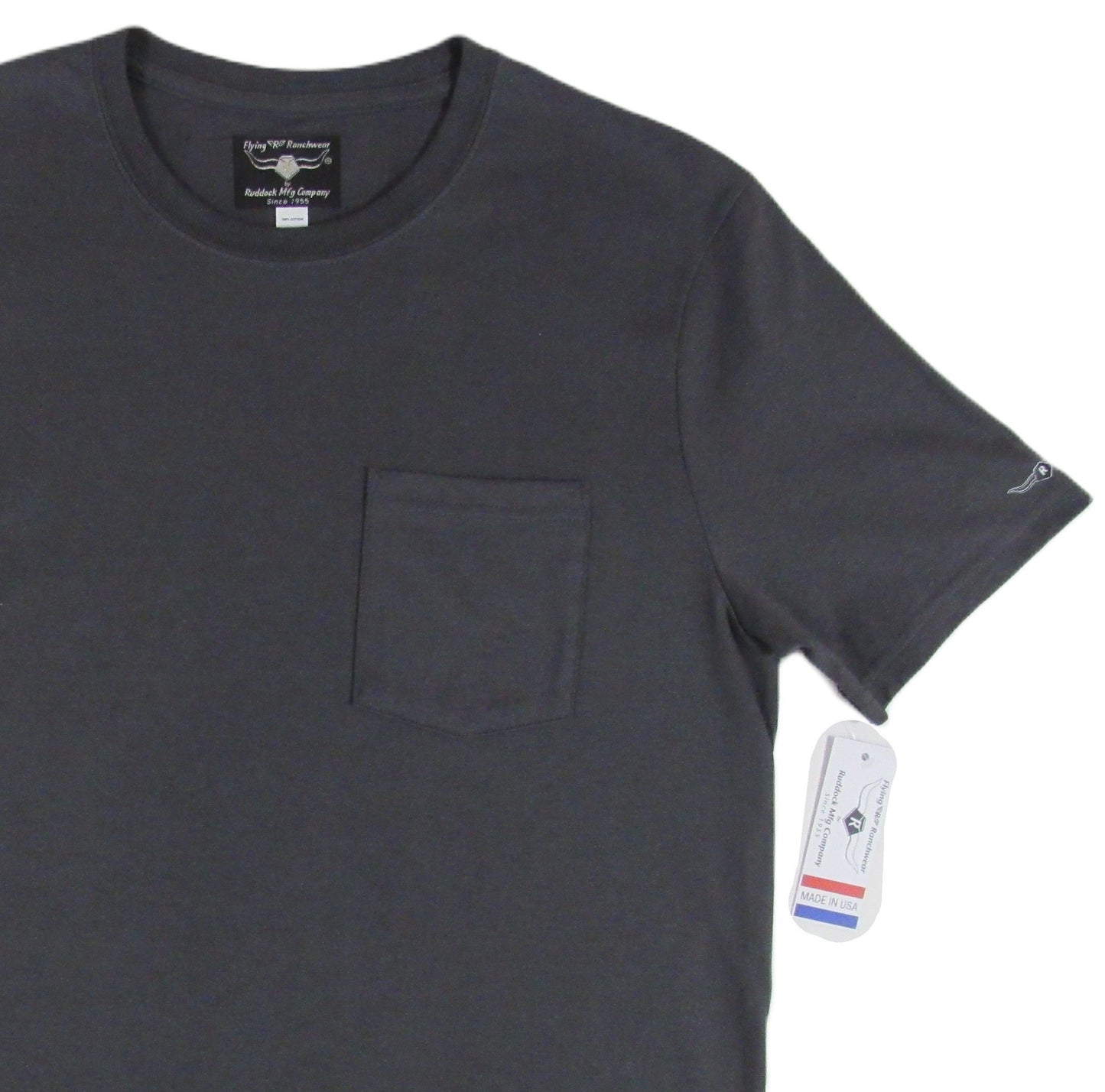 Solid Gray T shirt with pocket by Flying R Ranchwear Made in USA by Ruddock Shirts El Paso TX