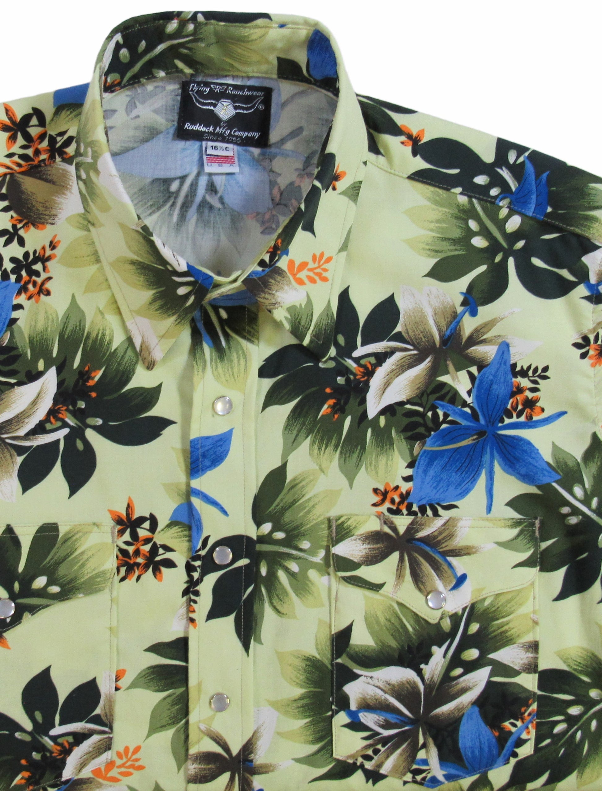 Mint Green Floral party shirt by Flying R Ranchwear Made in USA with snaps Ruddock Shirts