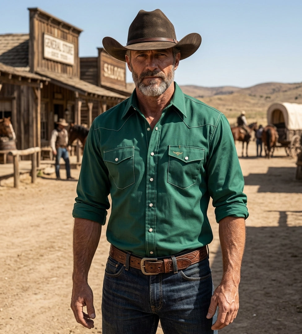 Flying R Ranchwear - Twill Chore Shirt - Emerald Green - Long Sleeve - Snaps