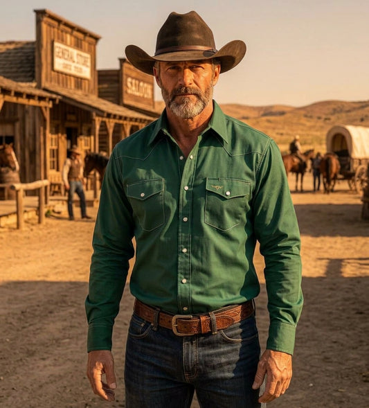 Flying R Ranchwear - Twill Chore Shirt - Emerald Green - Long Sleeve - Snaps
