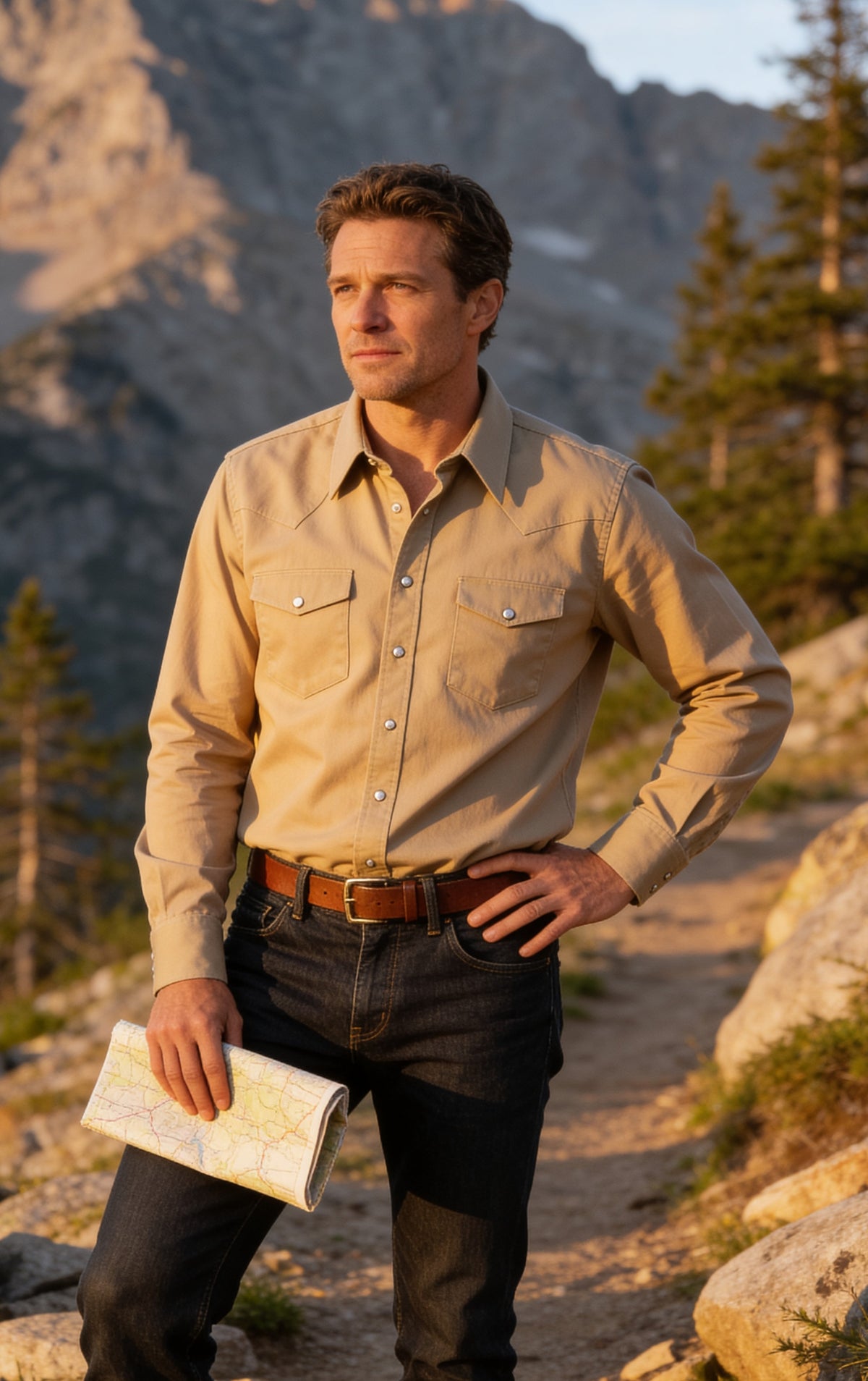 A man standing outdoors on a mountain trail at sunset, wearing a tan long-sleeve western-style snap shirt, dark jeans, and a brown belt, while holding a folded map. American Made snap shirt. Made by Ruddock Shirts in El Paso, Texas, Made in USA Flying R Ranchwear since 1955