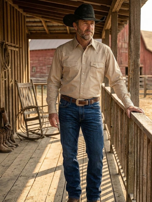A man wearing a khaki western long-sleeve snap shirt, blue jeans, a brown belt, and a black cowboy hat stands on a rustic wooden porch. American Made snap shirt. Made by Ruddock Shirts in El Paso, Texas, Made in USA Flying R Ranchwear since 1955