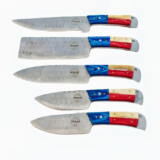 Ruddock Bros five piece grilling knife set with hammered stainless steel blades with natural bone and hardwood handles in red white and blue includes suede leather carry pouch Ruddock El Paso Texas