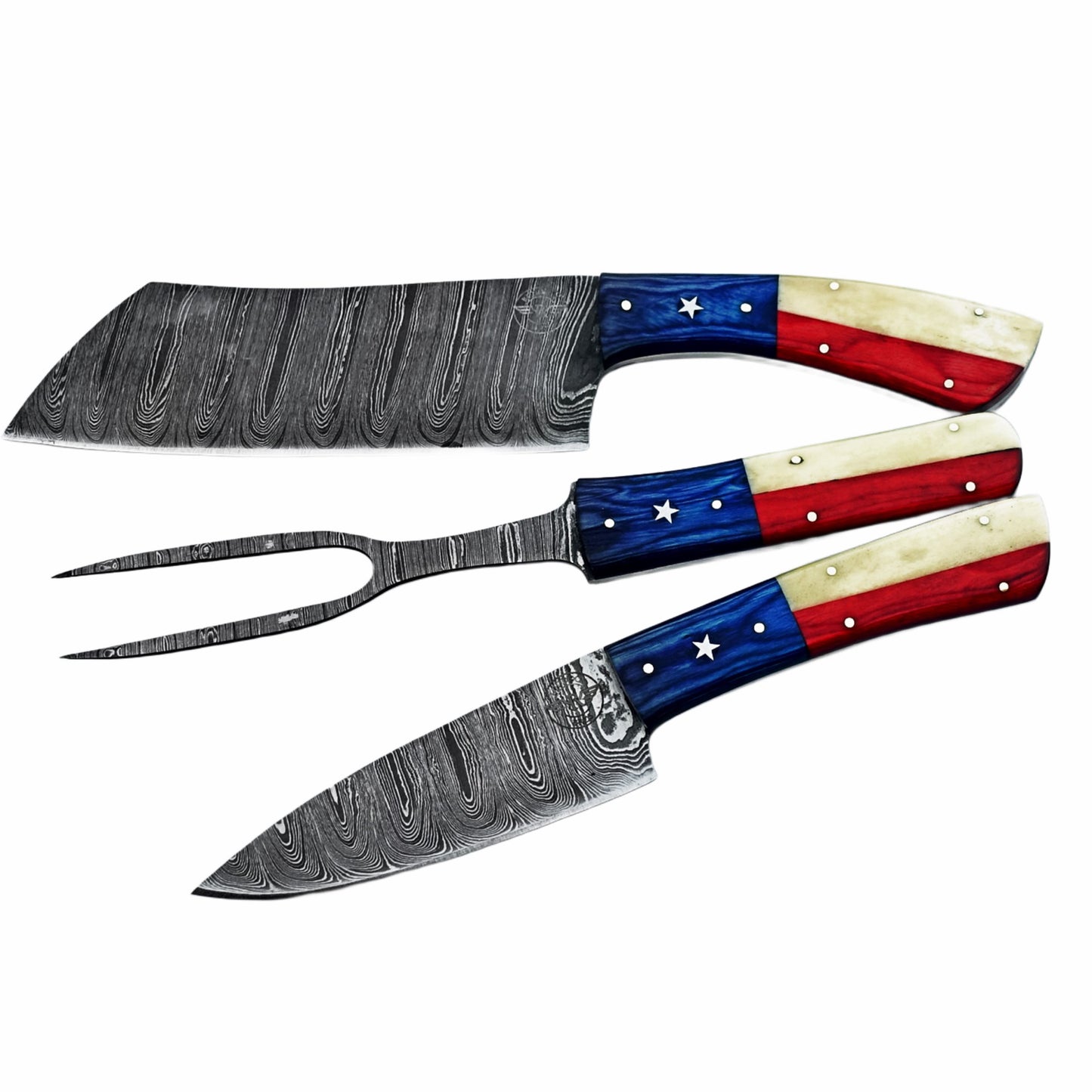 Three piece carving set with Damascus steel and hardwood and natural bone handles by Ruddock Bros