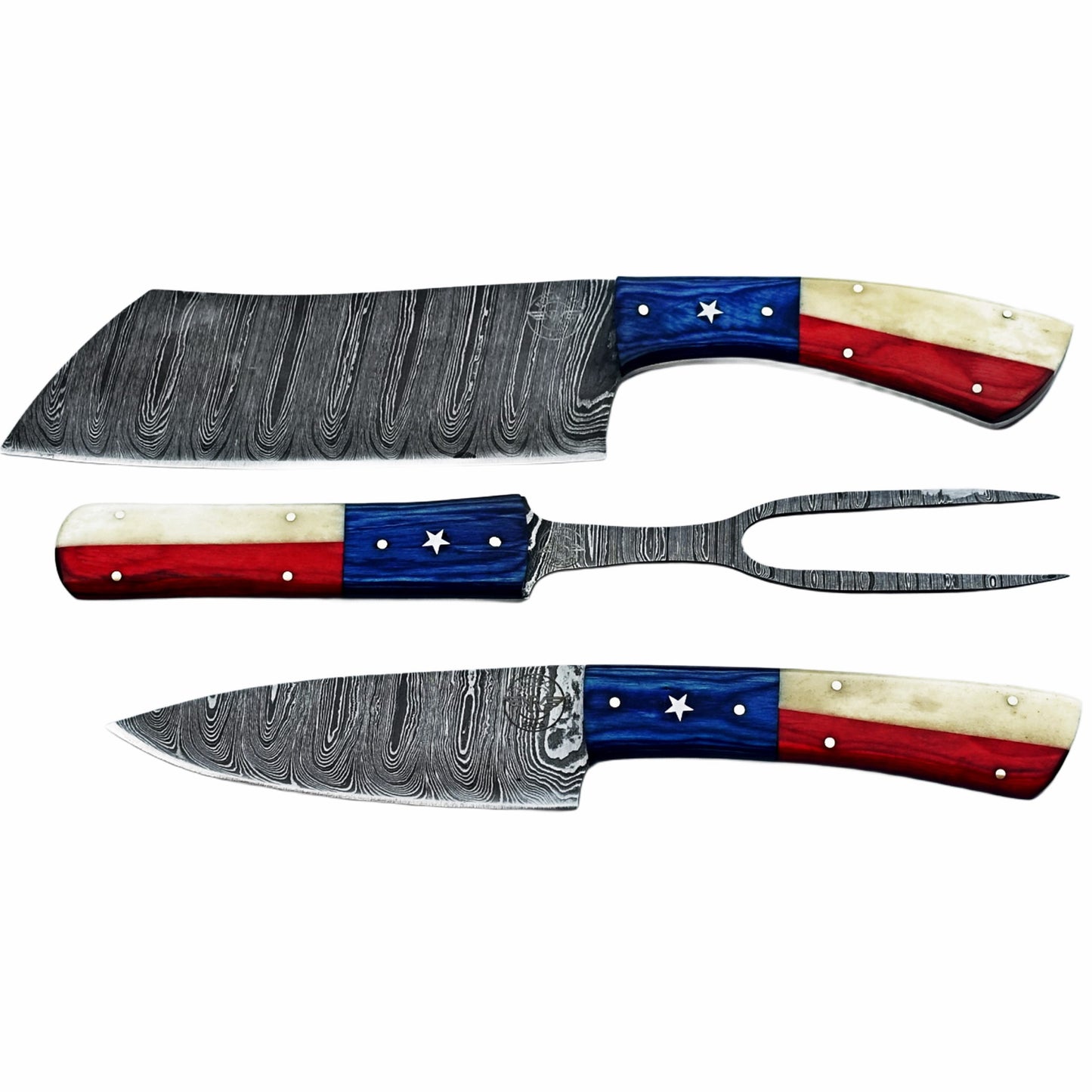 Three piece carving set with Damascus steel and hardwood and natural bone handles by Ruddock Bros