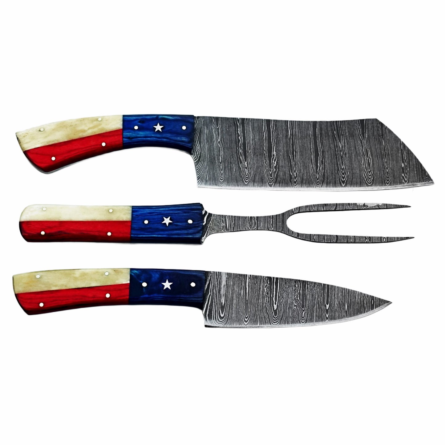 Three piece carving set with Damascus steel and hardwood and natural bone handles by Ruddock Bros