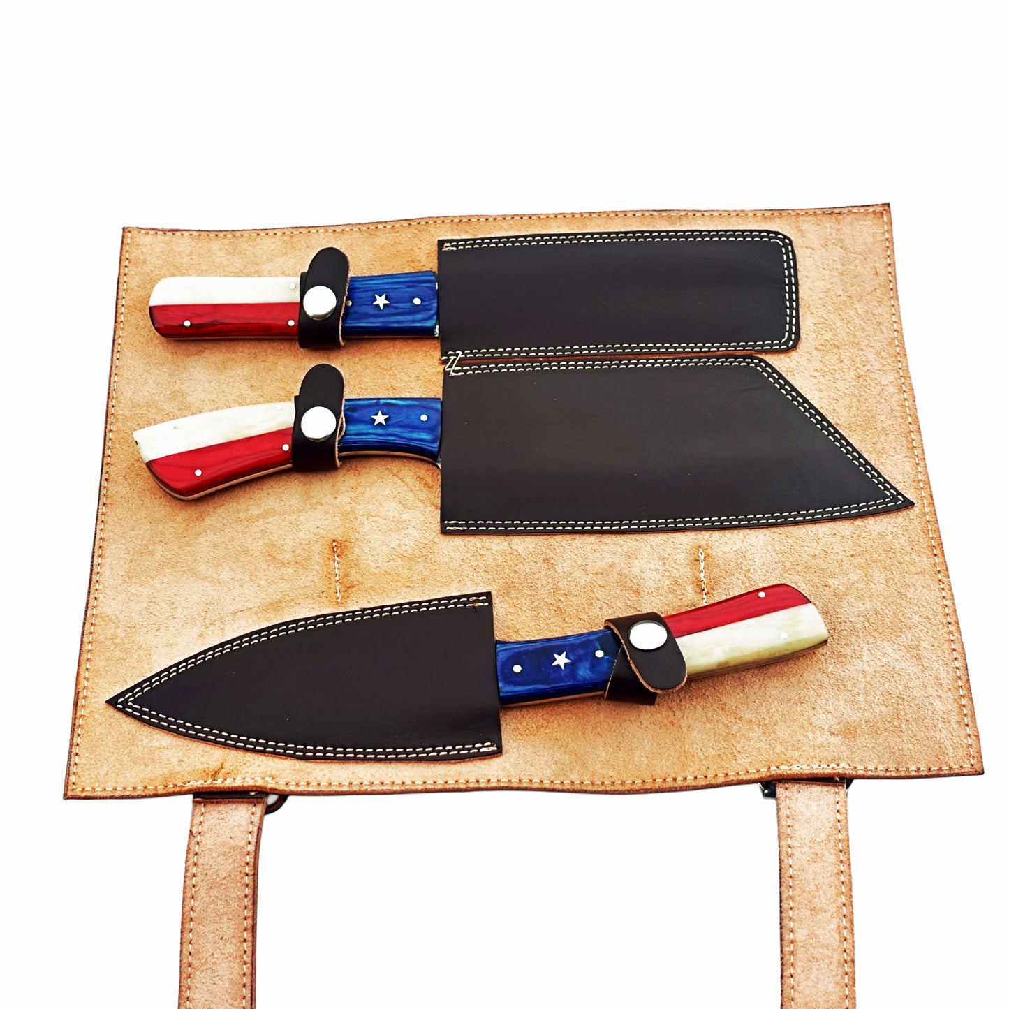 Three piece carving set with Damascus steel and hardwood and natural bone handles by Ruddock Bros