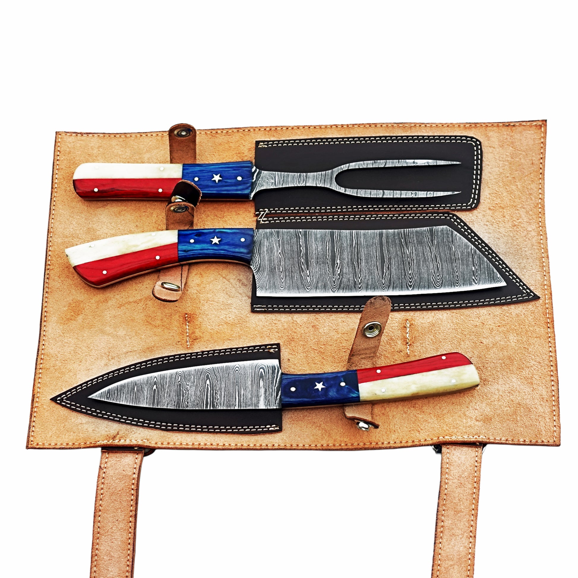 Three piece carving set with Damascus steel and hardwood and natural bone handles by Ruddock Bros