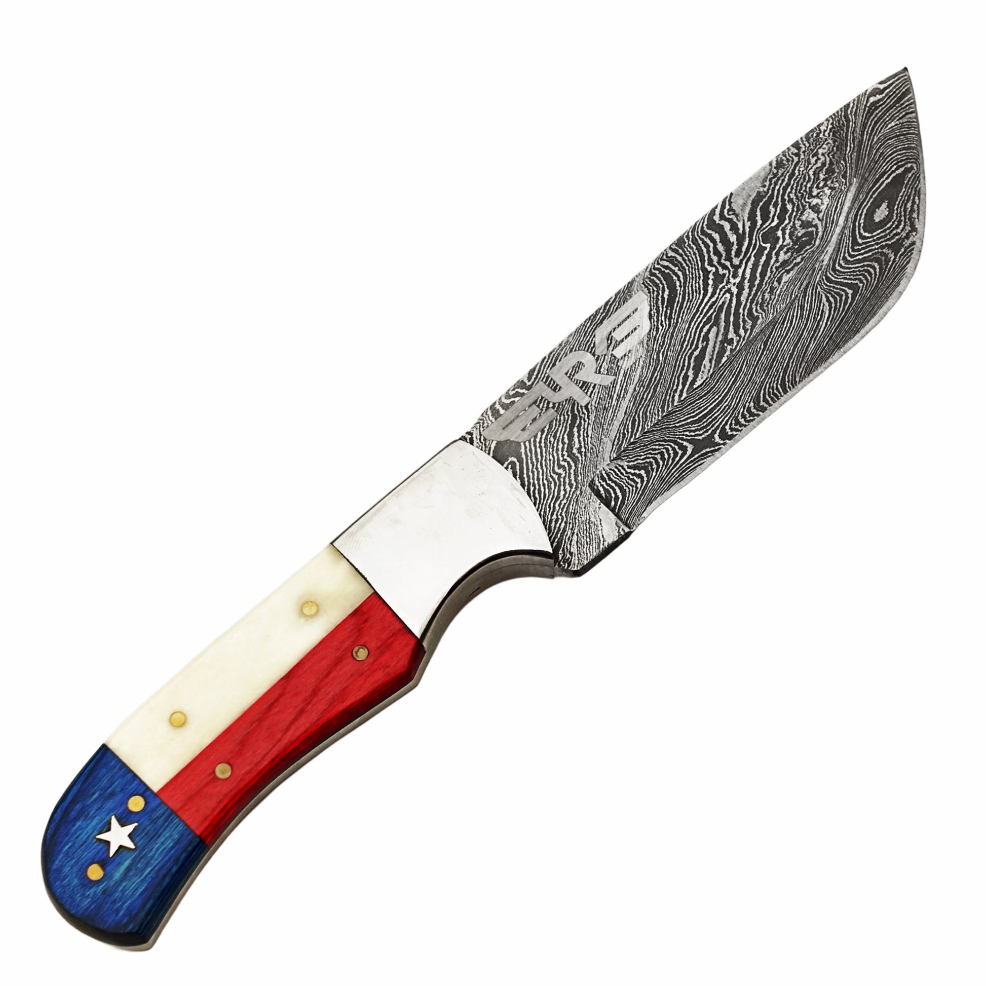 Damascus Steel Knife with lone star design hardwood and bone handle with leather sheath by Ruddock Bros El Paso Texas USA Ruddock Shirt