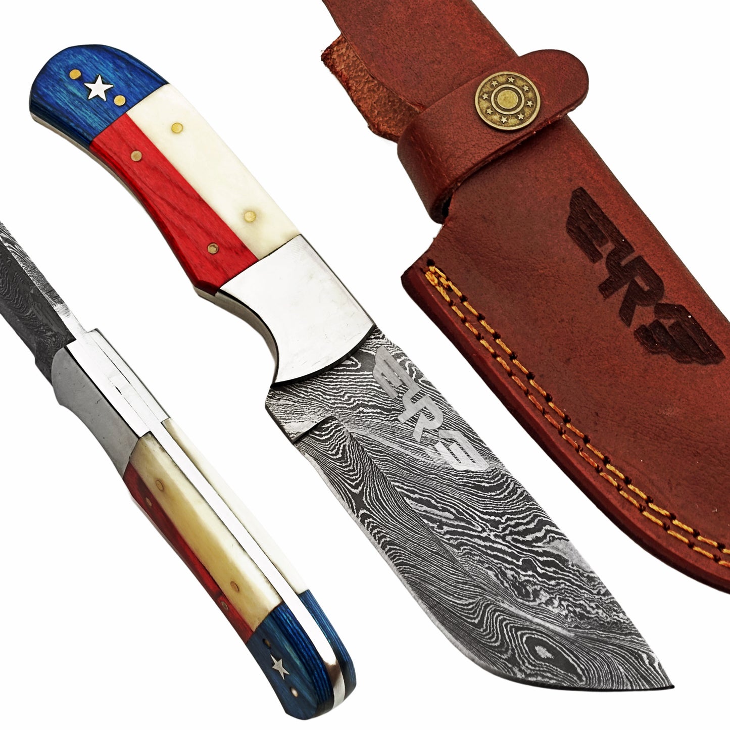 Damascus Steel Knife with lone star design hardwood and bone handle with leather sheath by Ruddock Bros El Paso Texas USA Ruddock Shirt