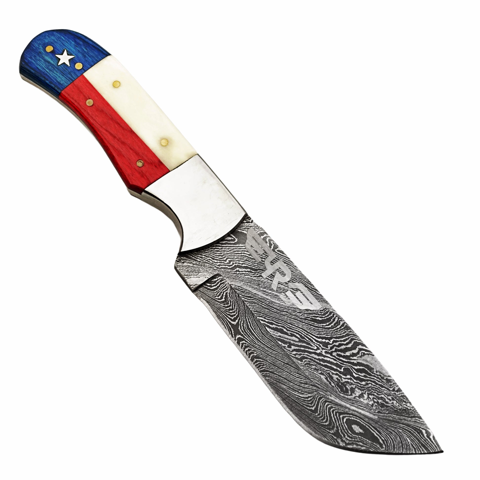 Damascus Steel Knife with lone star design hardwood and bone handle with leather sheath by Ruddock Bros El Paso Texas USA Ruddock Shirt