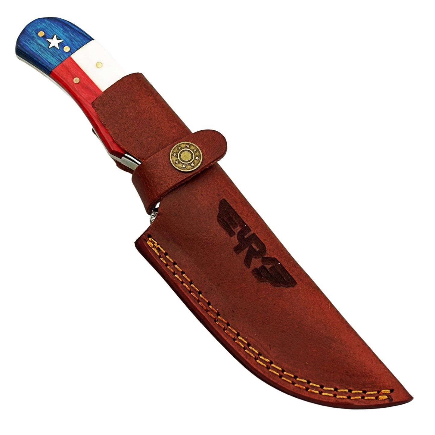 Damascus Steel Knife with lone star design hardwood and bone handle with leather sheath by Ruddock Bros El Paso Texas USA Ruddock Shirt