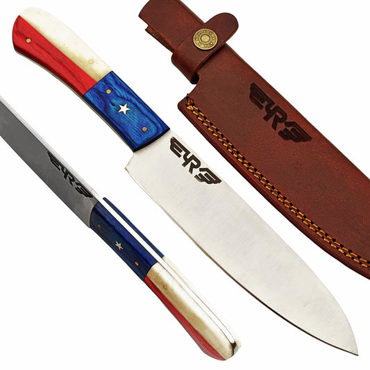 Lone Star chef knife with Stainless Steel Blade with handle made of bone and hardwood by Ruddock Bros El Paso Tx with leather sheath